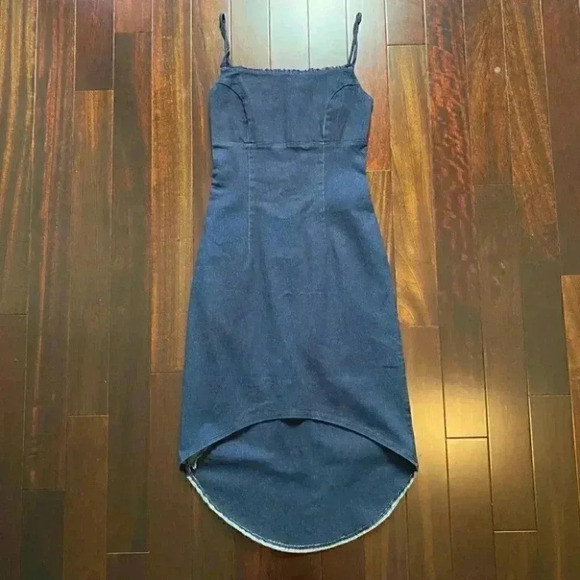 Le Chateau Denim Slip Dress Bodycon Stretch Blue High Low Size Small NWT - Picture 15 of 15